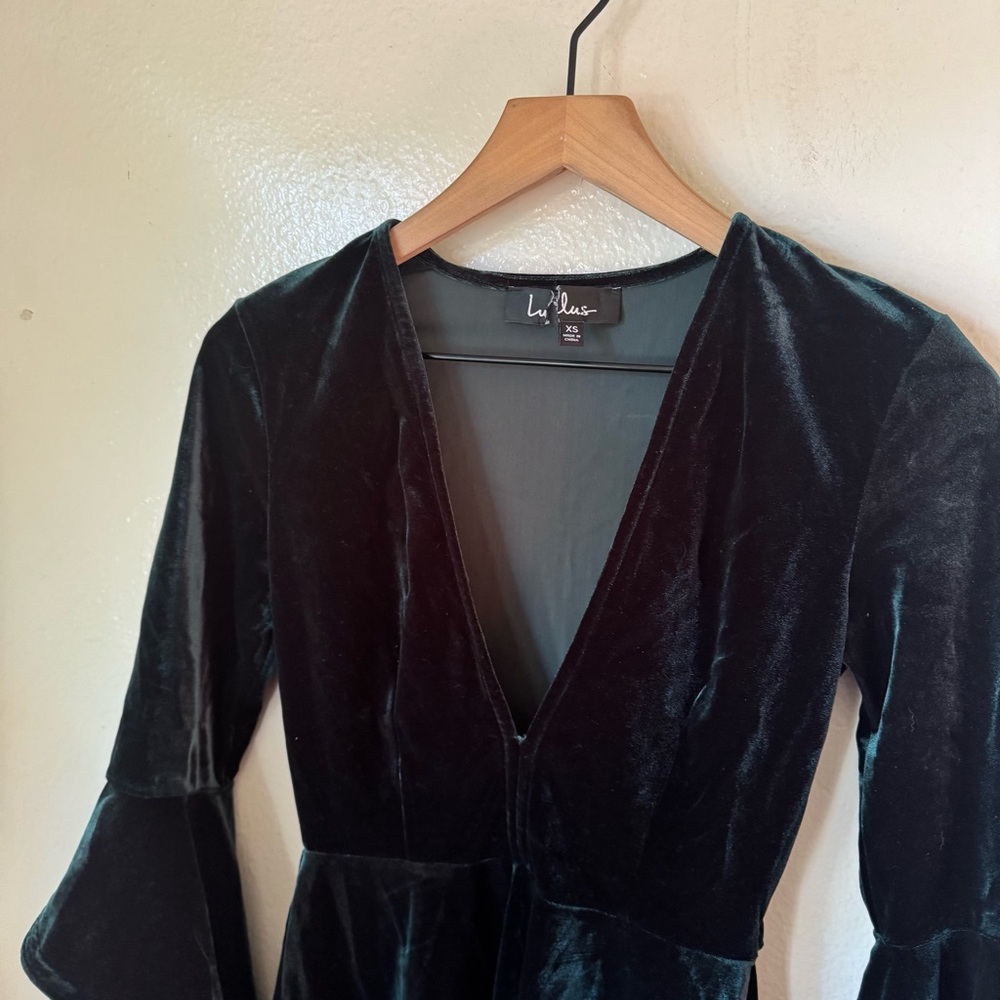 Lulus | Wrapped in Luxe Forest Green Velvet Bell Sleeve Skater Dress - Picture 3 of 8